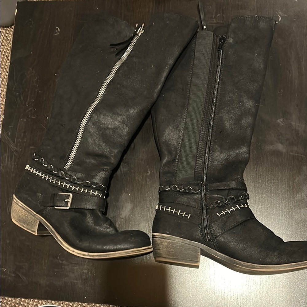 Black Heeled Knee-High Boots with Studded Strap